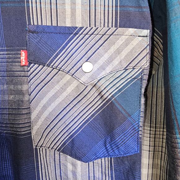 Levis Western Snap Up Collared Shirt Blue Gray and Black Size XL PTP 23 Lgth 30 - Picture 4 of 9